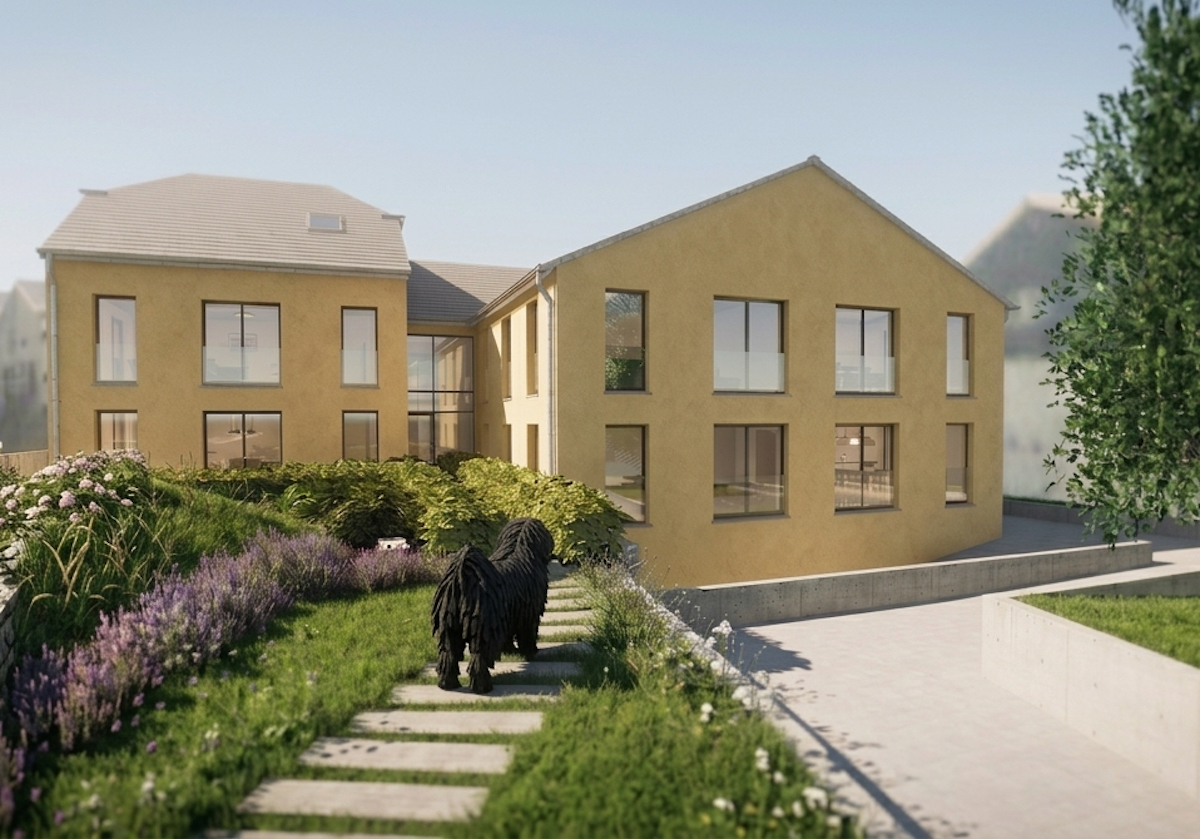 Two-story beige residential building with large windows, surrounded by a landscaped garden and stepping-stone path.